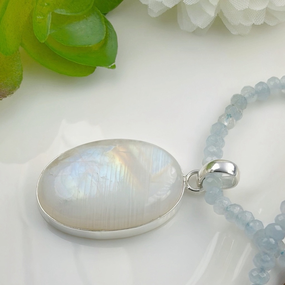 Solid Sterling Silver 925 Rainbow Moonstone Pendant Blue Necklace Boho Southwest - Picture 7 of 11